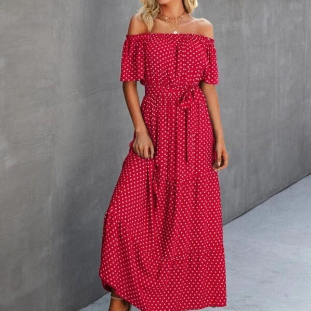 red polka-dot shoulder ruffle maxi dress - Picture 3 of 6